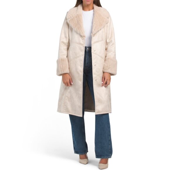 VIA SPIGA Beige Faux Fur And Shearling Long Coat